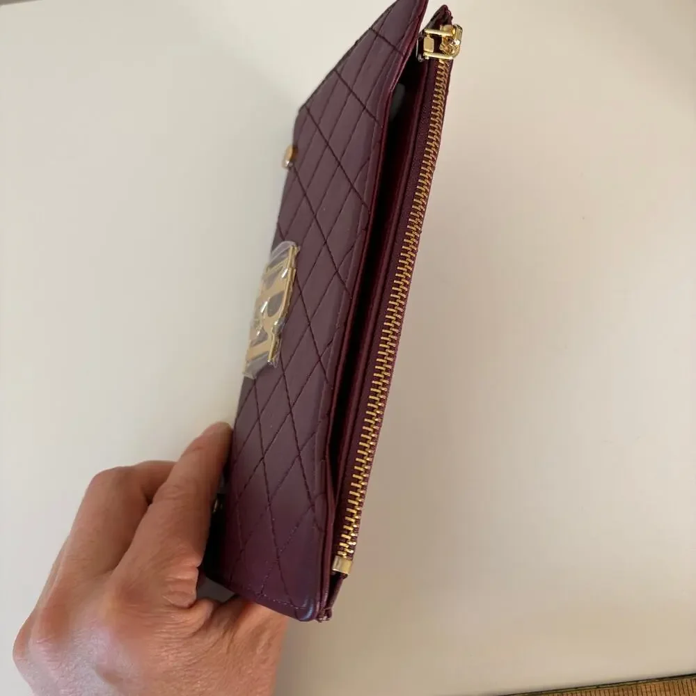 Badgley Mischka Long Card Wallet‎ Quilted Plum Gold BM Logo NWT Old Money Glam